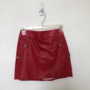 Red Leather Skirt With Embroidered Side Designs